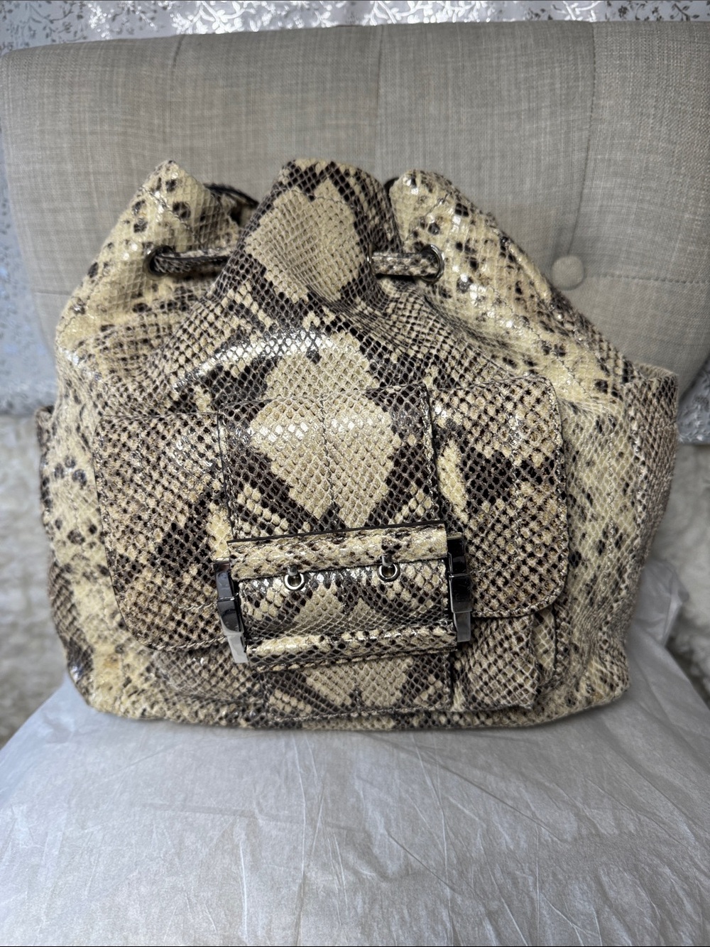Michael Kors Python-Print Drawstring Backpack in Beige and Brown